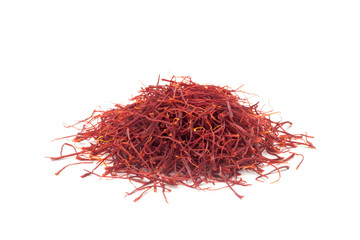 Pile of dried saffron isolated on white background