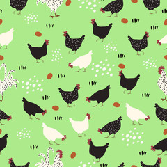 Pattern with hens, roosters and eggs on a green meadow.