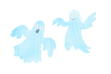 Cute watercolor ghosts. Halloween symbol. Hand drawn. Hand painted Halloween illustration isolated on white background. Magic characters for design, print or background