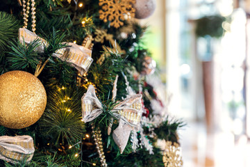 Christmas tree in modern hotel during Christmas Day.	
