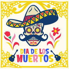 dia de los muertos design with sugar skull wearing mexican sombrero