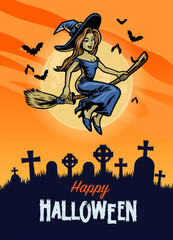 halloween design with cute witch riding flying broom