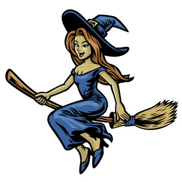 cute beautiful witch riding her flying broom