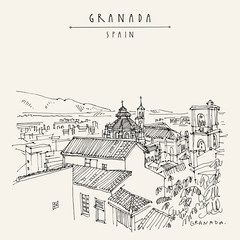 Granada, Andalusia, Spain. Hand drawn vintage touristic postcard