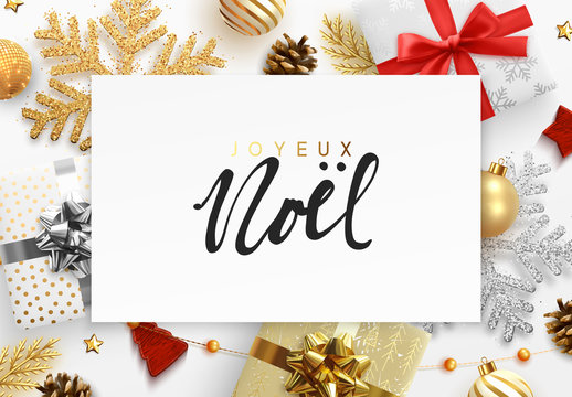 French text Joyeux Noel. Christmas background. Xmas festive decoration objects. Realistic elements of design. Merry Christmas and Happy New Year Holiday template. greeting card, web poster.