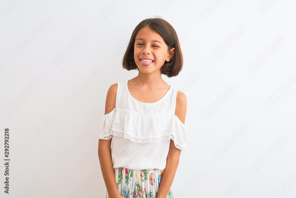 Sticker young beautiful child girl wearing casual dress standing over isolated white background winking look