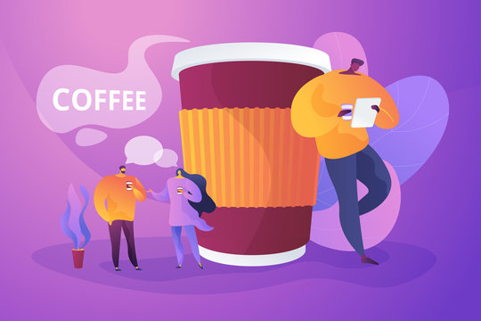 Lunch time, office workers communication. Rest from work, colleagues drink hot refreshment. Coffee break, low energy, tiredness and energizing concept. Vector isolated concept creative illustration