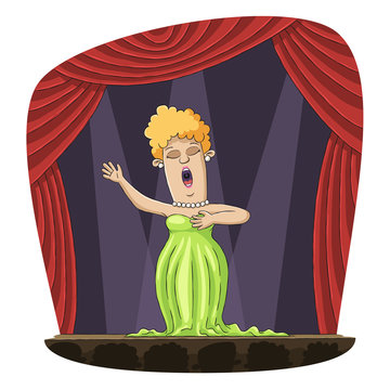 Opera singer on stage. Hand drawn vector illustration with separate layers.