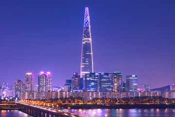 Seoul City Skyline at Han river  with tower in Seoul  South Korea