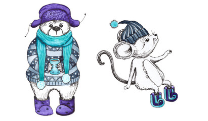 Watercolor and graphic winter animals polar bear and mouse in warm clothes