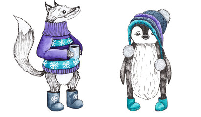 Watercolor and graphic winter animals Fox and penguin in warm clothes