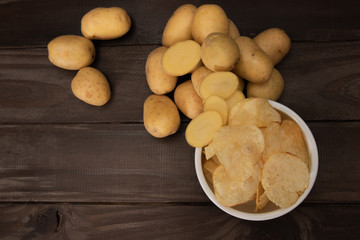  potatoes and french fries on wooden background