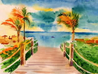 Watercolor illustration of palm trees on the beach.