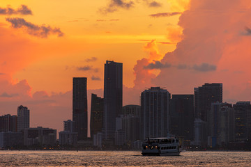 Miami City Downtown district buildings at sunset