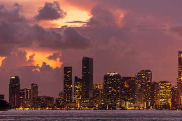 Miami City Downtown district buildings at sunset