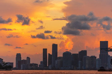 Fototapeta na wymiar Miami City Downtown district buildings at sunset