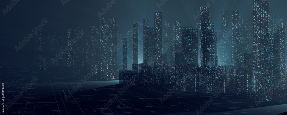 Poster 3d rendering of abstract digital city with sky scrapping towers and glowing dots binary data in fogg