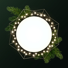 Round Christmas wreath with fir branches and luminous garland of bulbs. Circle with space for text. Vector flyer or banner template.