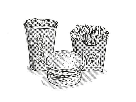 Big Mac Burger, Small Fries And Coke Drink Cartoon Retro Drawing