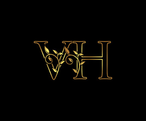 Classy Gold letter V and H, VH, elegant decorative ornament emblem badge, wedding logo, classy letter logo icon.