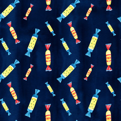 Seamless background with watercolor candies. Sweet pattern.