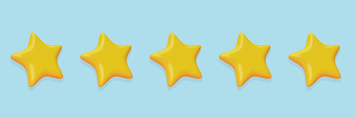five cute yellow stars. minimal design rating concept. 3d rendering