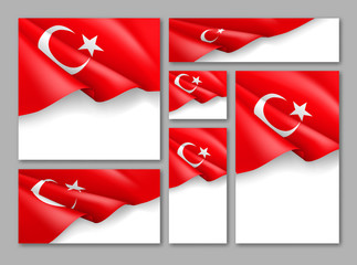 Turkey republic patriotic festive banners set. Realistic waving turkish flag on white background. Independence and freedom vector layouts. Turkey national day concept with space for text.