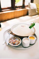 Thai desserts are on the table in the restaurant.