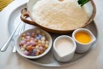 Thai desserts are on the table in the restaurant.