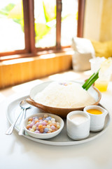 Thai desserts are on the table in the restaurant.