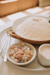 Thai desserts are on the table in the restaurant.