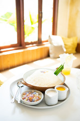 Thai desserts are on the table in the restaurant.