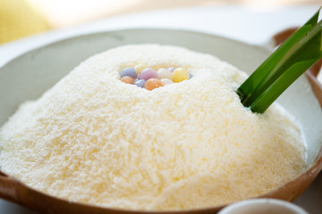 Thai desserts are on the table in the restaurant.