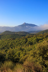 Fototapeta na wymiar Foggy Mountain landscape on a blue sunny sky morning in Catalonia Pyrenees