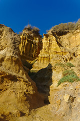 Yellow cliffs with blue sky in background