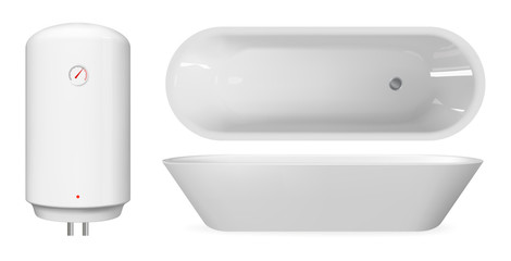 White realistic bathtub and boiler. Vector bathroom furniture set.