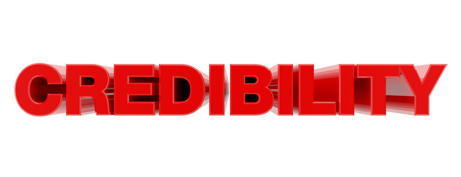 CREDIBILITY red word on white background illustration 3D rendering
