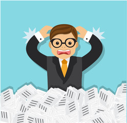 paper, work, man, business, illustration, businessman, pile, scream, problem, angry, unhappy, vector, stress, manager, office, stack, character, worker, case, adult, male, document, paperwork, lot, sh