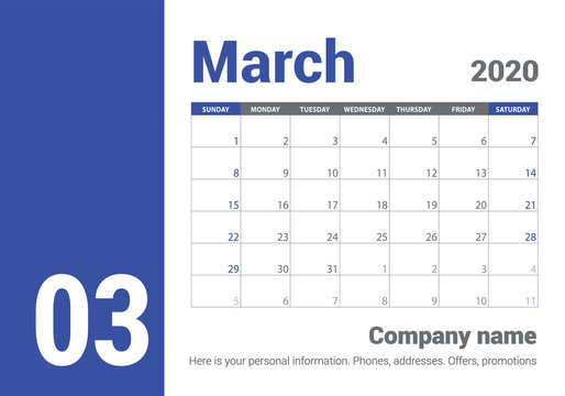 March 2020 Calendar. English Planner. Сolor Vector Template. Week Starts On Sunday. Business Planning. Clean Minimal Table. Simple Design