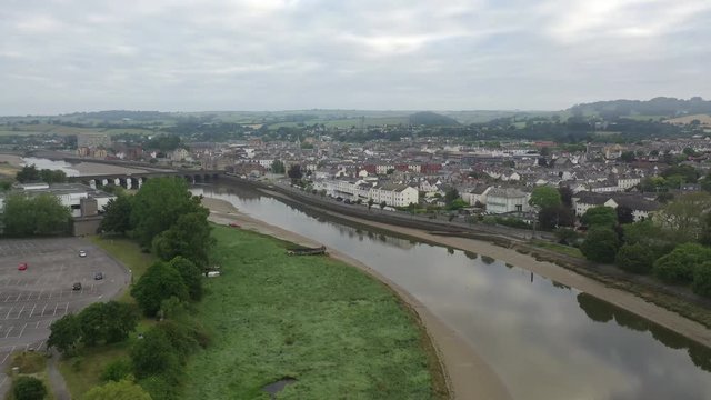 Barnstaple overview river flight Devon UK. Aerial view using a drone.