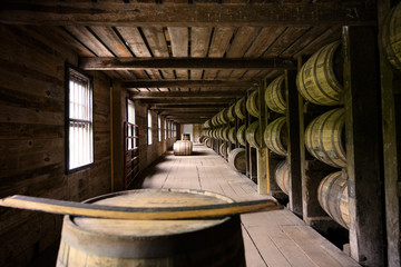 Distillery whiskey wooden barrel container room factory in Kentucky, USA