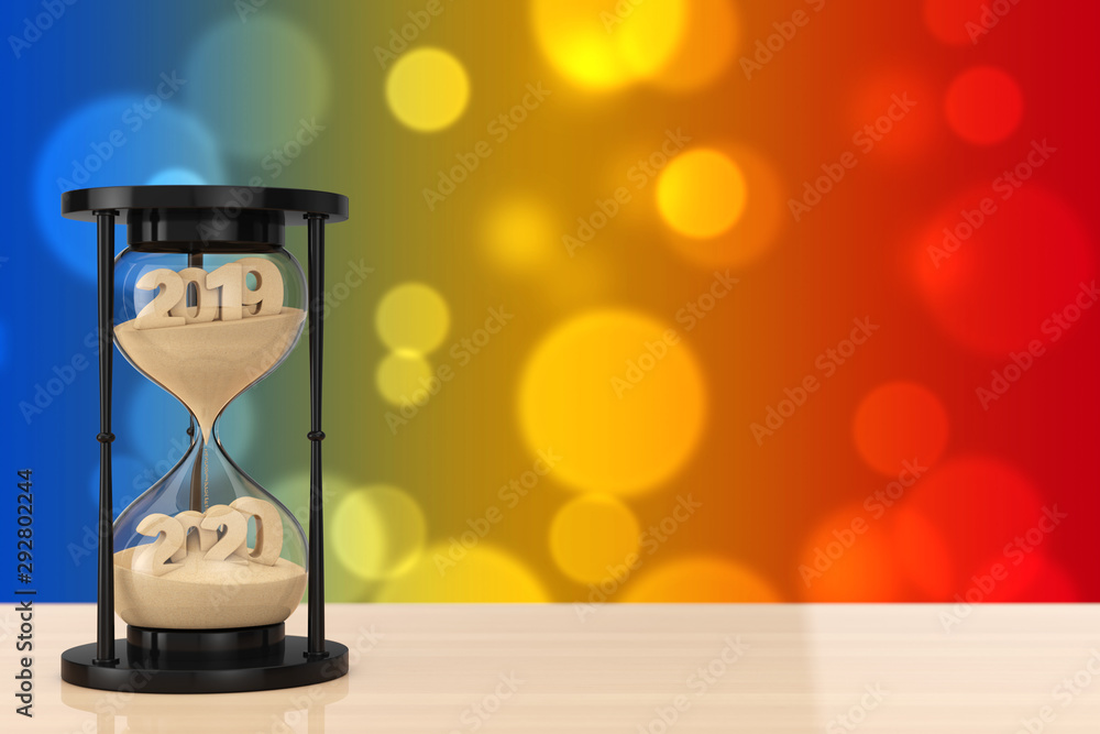 Poster new 2020 year concept. sand falling in hourglass taking the shape from 2019 to 2020 year. 3d renderi