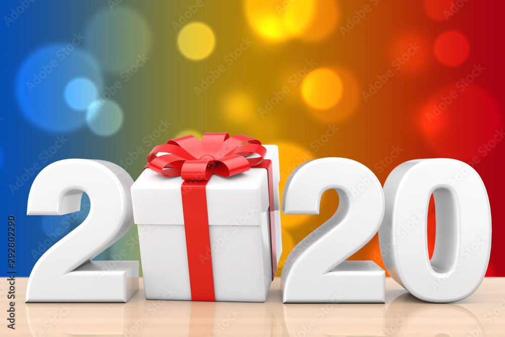 Poster 2020 New Year Sign with Gift Box and Red Ribbon. 3d Rendering
