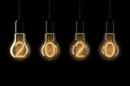Light Bulbs Illuminated 2020 New Year. 3d Rendering
