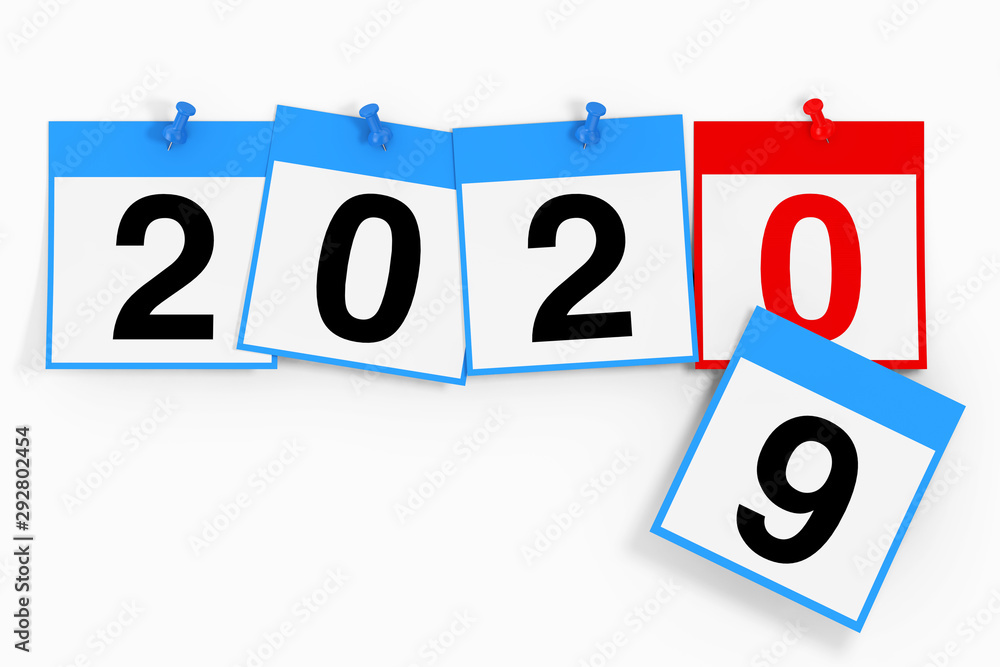 Aufkleber New 2020 Year Start Concept. Calendar Sheets with 2020 New Year Sign. 3d Rendering
