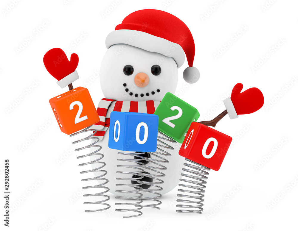 Poster new year concept. snowman near christmas spring cubes with 2020 new year sign. 3d rendering