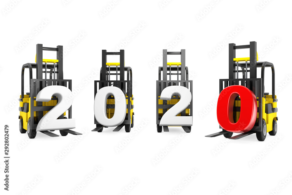 Aufkleber forklift trucks with 2020 new year sign. 3d rendering