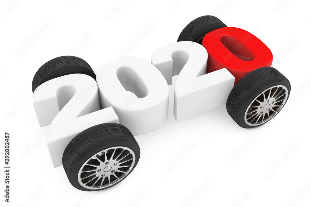 Poster 2020 year concept with car wheels. 3d rendering