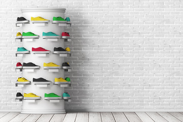 Many Multicolour Sneakers Footwear Exhibition on Shelf for Sale in Fashion Shop. 3d Rendering