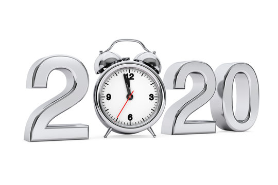 New Year 2020 concept. 2020 Steel Sign with Alarm Clock. 3d Rendering